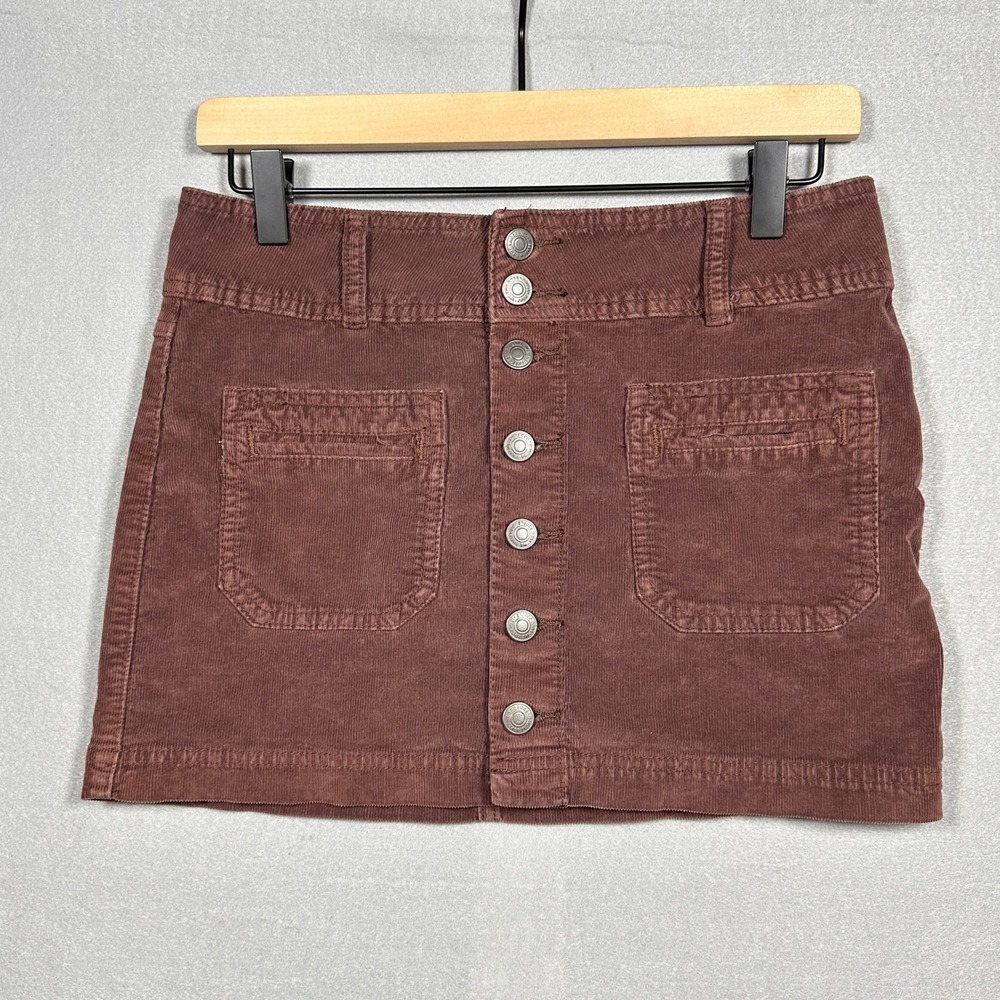 We The Free People Corduroy Mini Skirt Brown Button Front Retro Size 25 Pocket